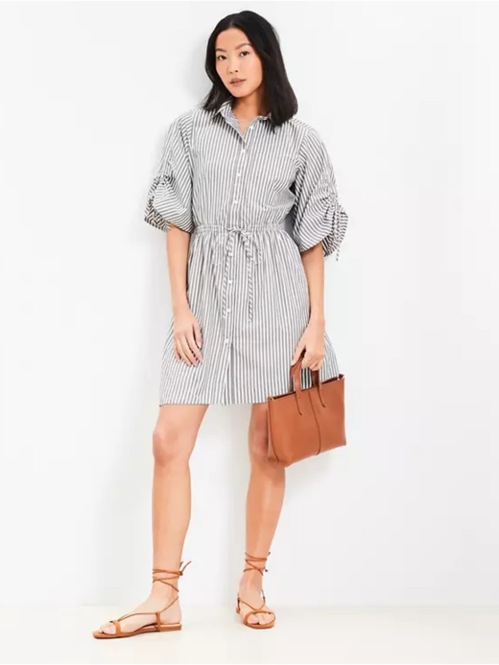 Ann Taylor LOFT Black and White Striped Drawstring Shirt Dress